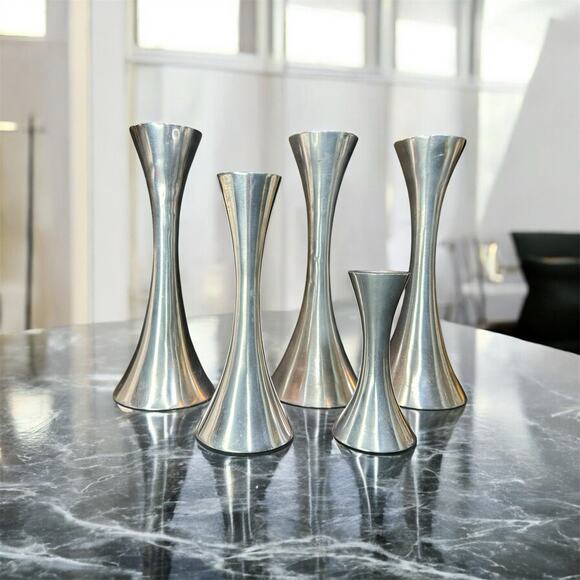 5 New Stainless Steal Hourglass Candle Sticks-MCM- Scandinavian Design- 8”6”4” - Picture 3 of 11